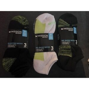 Mission Sport Socks Bundle 9 Pairs Quarter No Show Moisture Wicking Mens 6-9 NEW